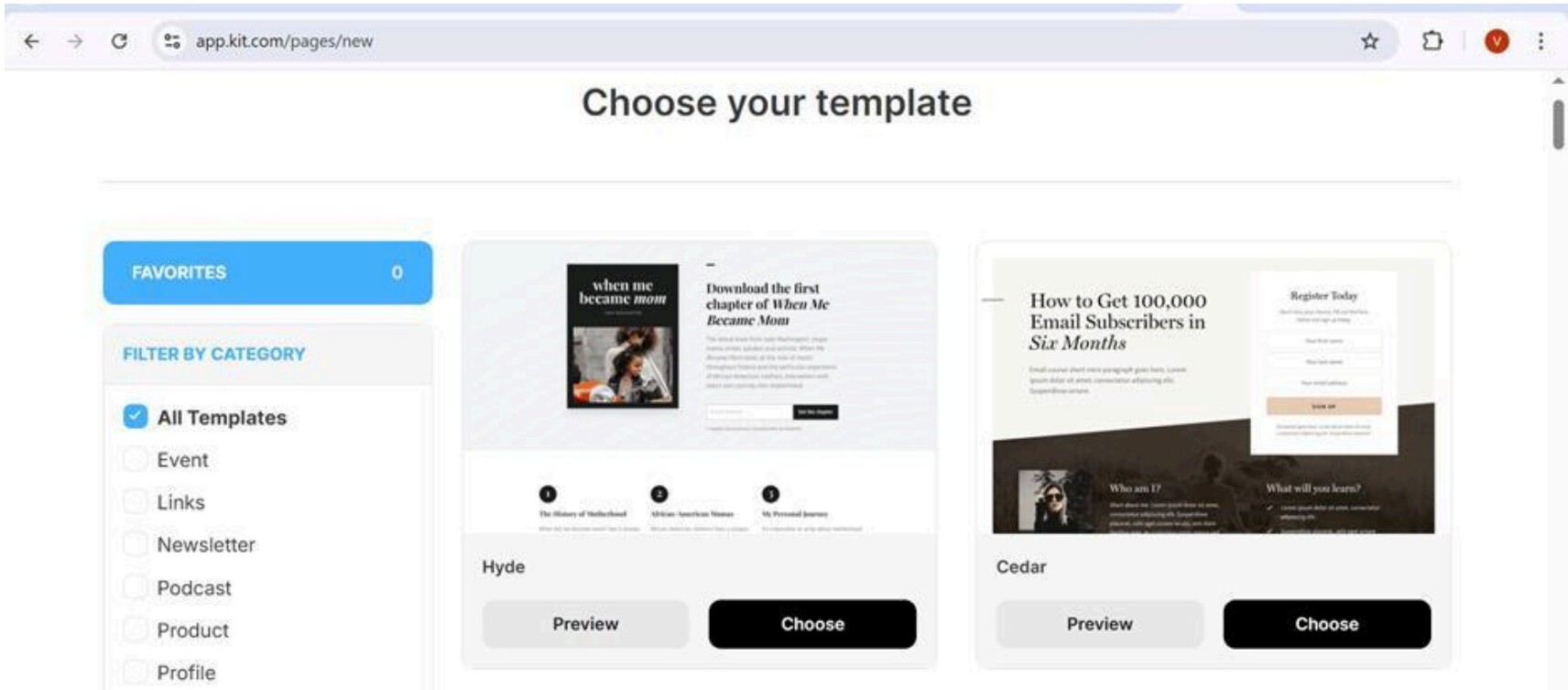 Kit landing page template selection screen